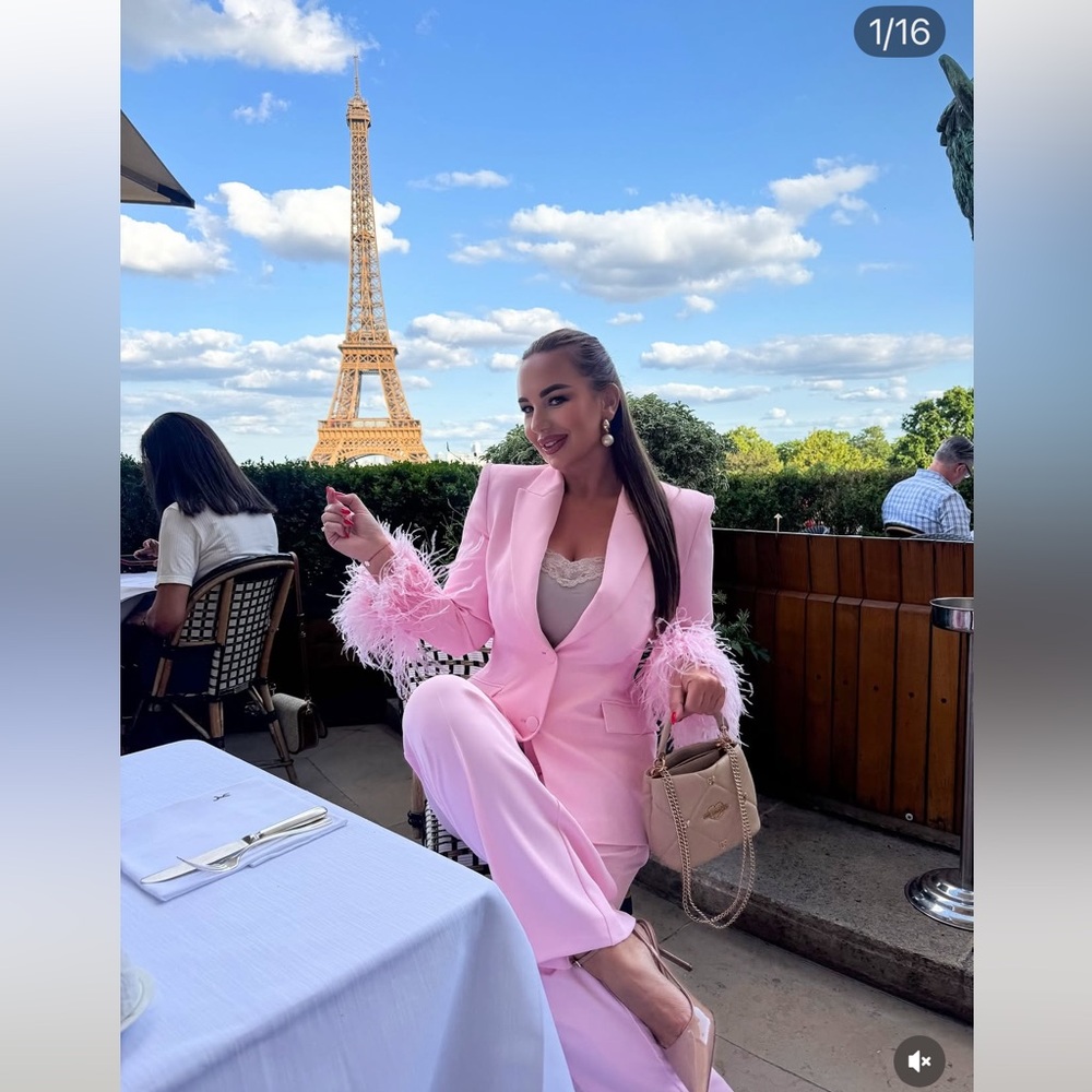 Zara Pink Feather-Trim Blazer Suit